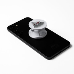 Držalo za telefon z ilustracijo Ljubljanskega gradu, pritrjen na hrbtno stran črnega telefona.