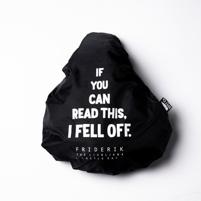 Black bike seat cover with white print