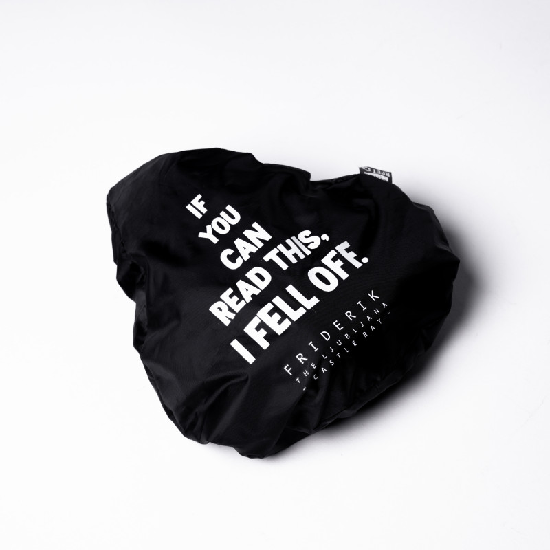 Black bike seat cover with white print