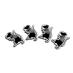 Štirje črno-beli magneti s silhueto Friderika, grajske podgane na belem ozadju v polkrožni postavitvi.