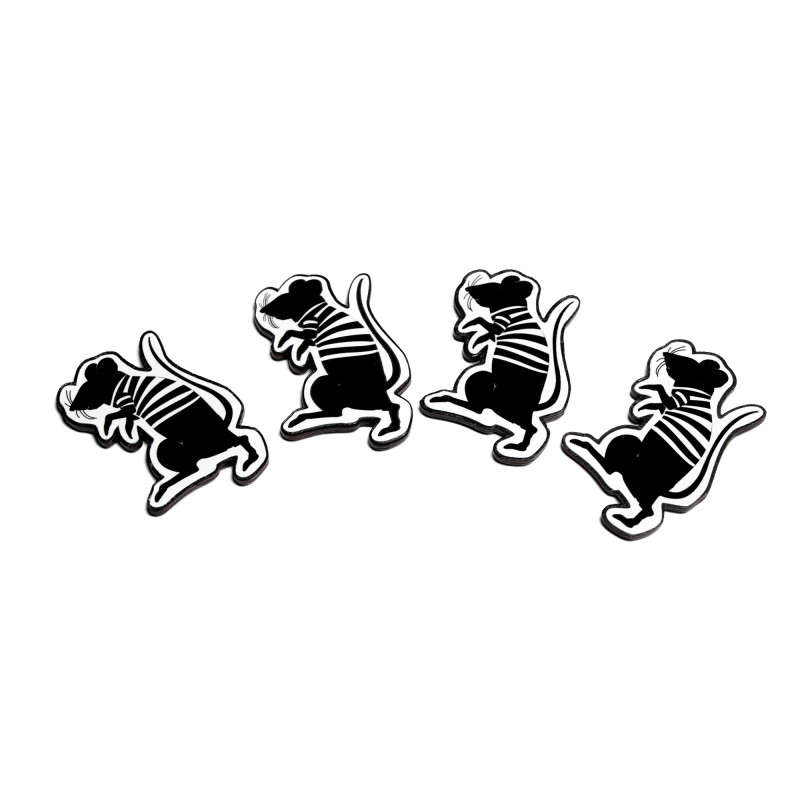 Štirje črno-beli magneti s silhueto Friderika, grajske podgane na belem ozadju v polkrožni postavitvi.